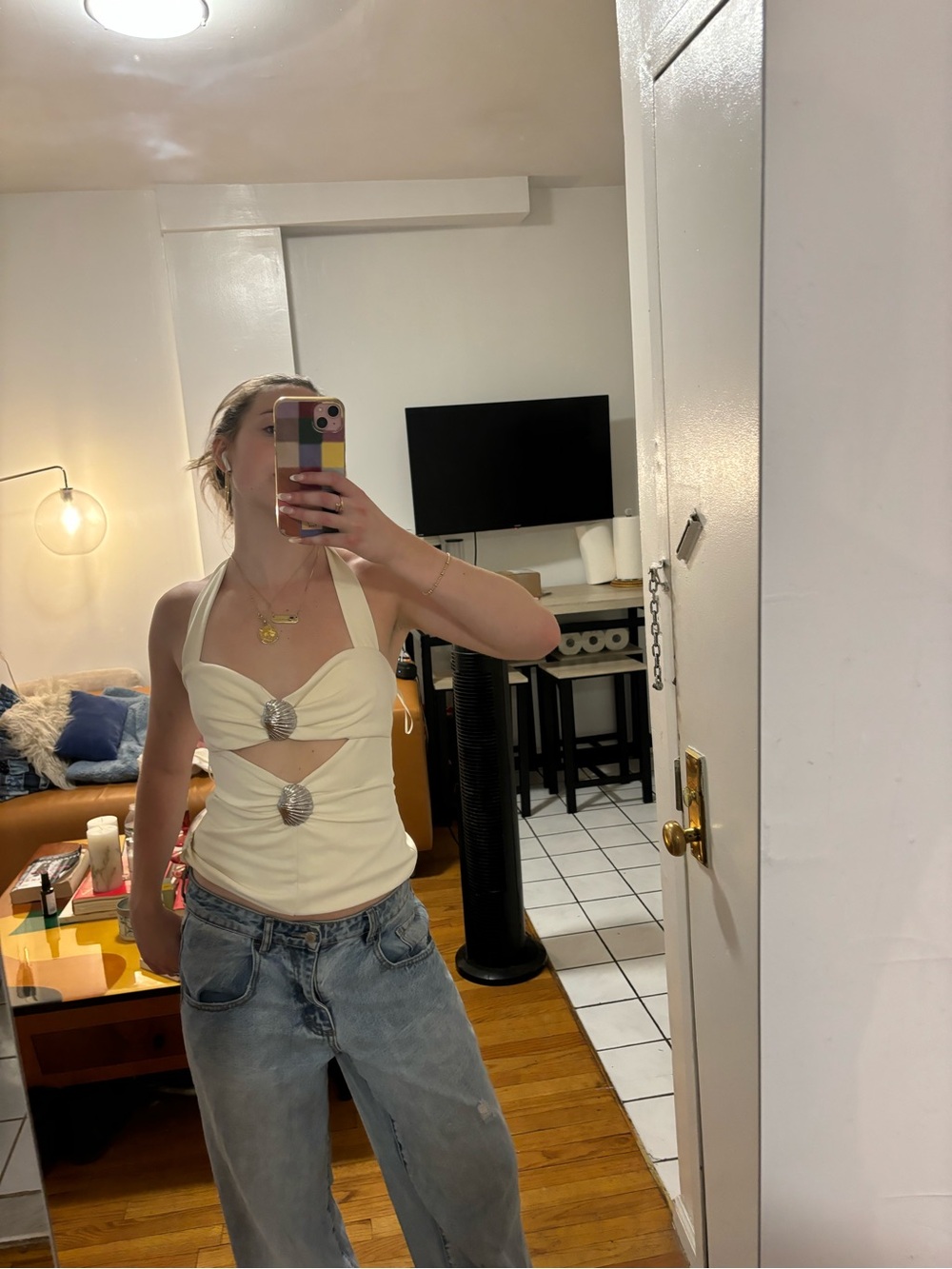 Zara Cream Halter Tank with Decorative Rings